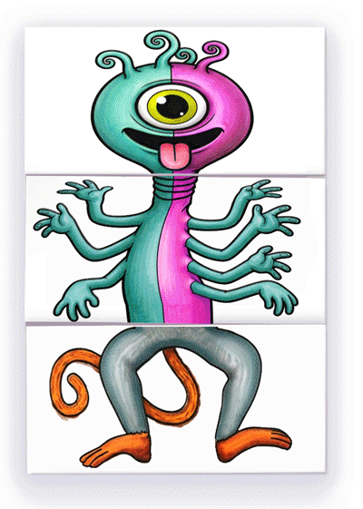 Animated example of mix-and-match illustrated characters for kids